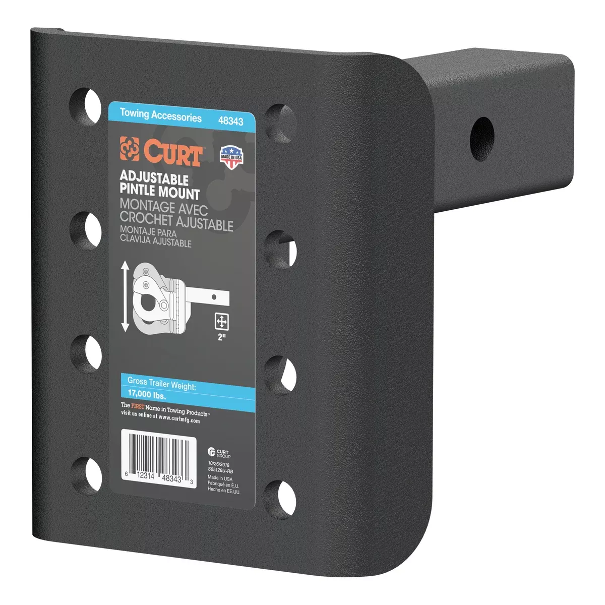 CURT Adjustable Pintle Mount for 2-Inch Hitch Receiver, 17,000 lbs, 7-1 /4-Inch Height, 6-Inch Length Model 48343